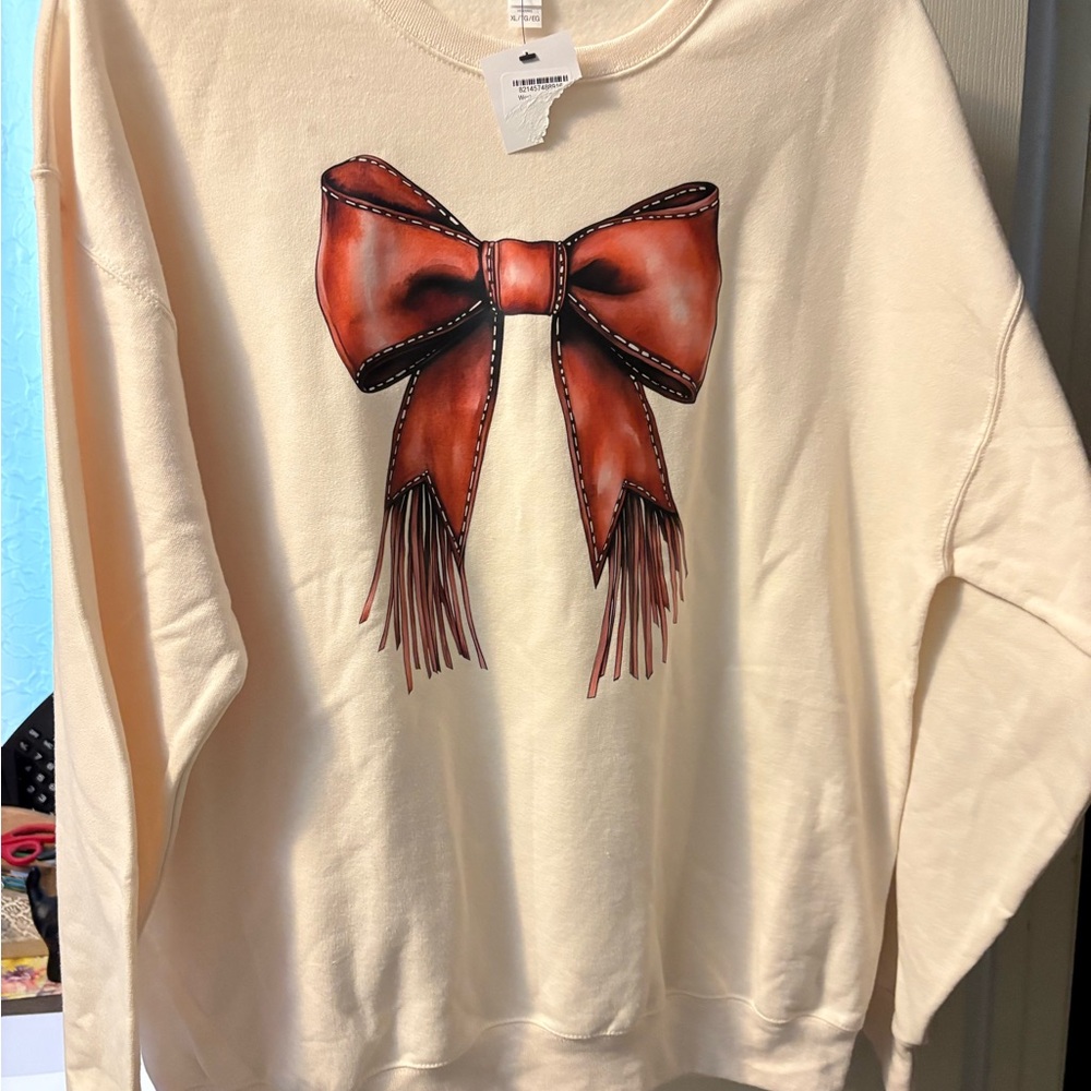 New ladies Jerzees Cream Sweatshirt with Red Bow